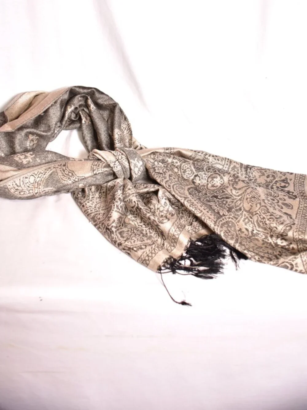 Women's Tan and Black Large Scarf With Fringe